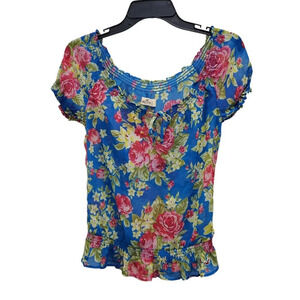 Hollister Junior's Blue Pink Floral Sheer Gauzy Keyhole Peasant Top‎ Size XS